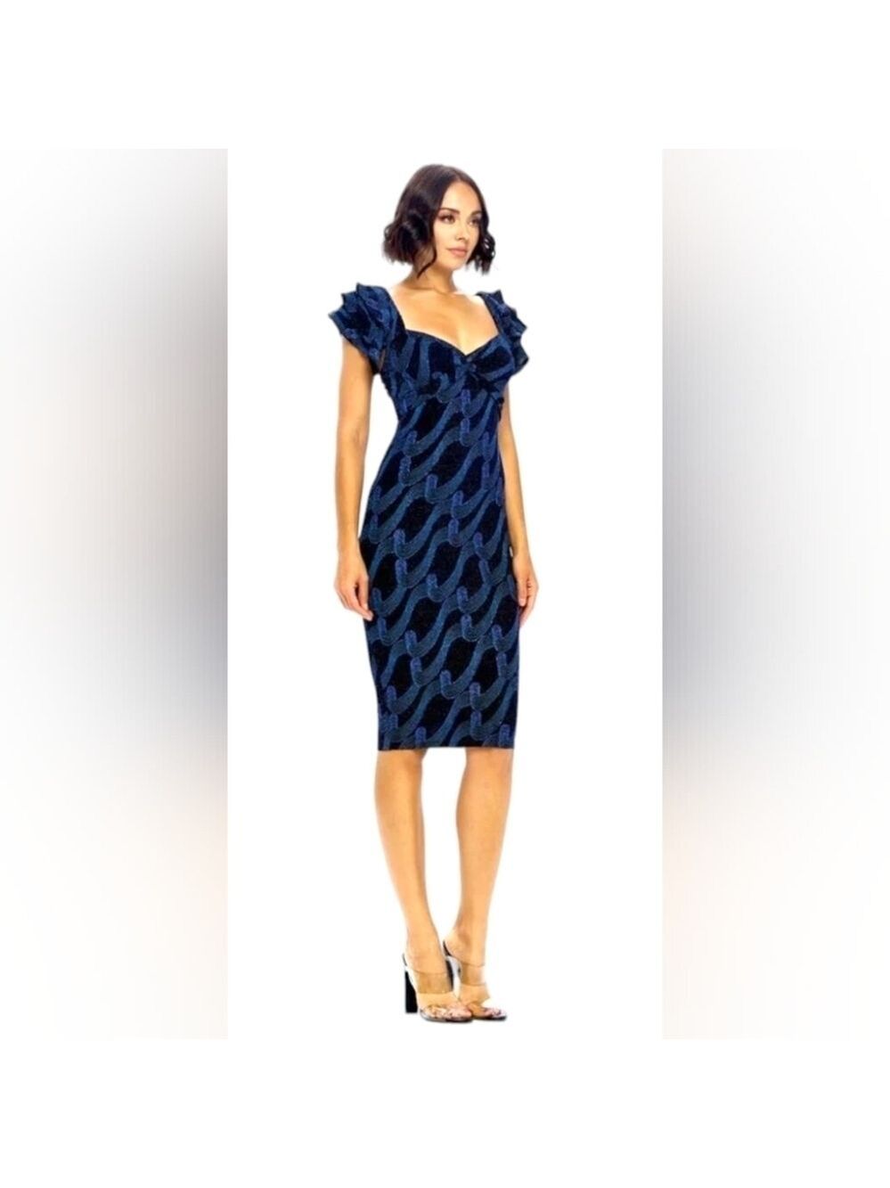 Gibiu | Embroidered Ruffle Shoulder Dress | Navy Blue/Black